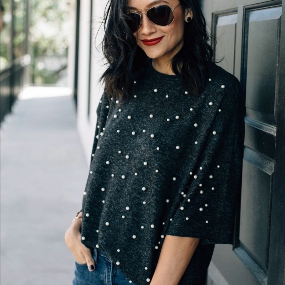 Zara Pearl Embellished Lightweight 3/4 Sleeve Sweater
